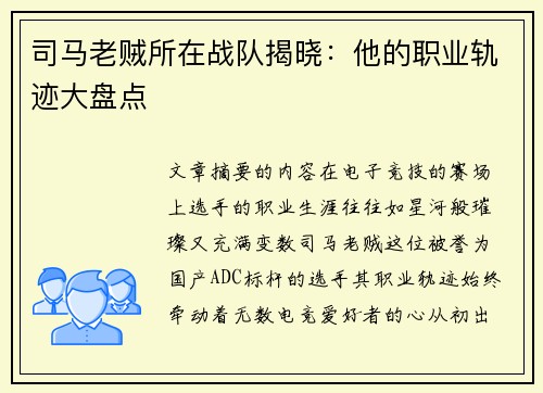 司马老贼所在战队揭晓：他的职业轨迹大盘点